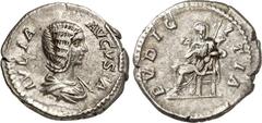 RÖMER RÖMISCHES KAISERREICH. Iulia Domna als Gemahlin des Sept. Severus 193-211(+217). Denar (200) 3,00g. Büste mit Palla n.r. IVLIA - AVGVSTA / PVDIC-ITIA Pudicitia thront n.l., Kopf v.v., und hält L