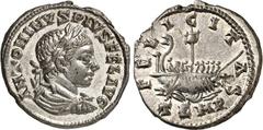RÖMER RÖMISCHES KAISERREICH. ELAGABALUS 218-222. Denar (218/219) 2,95g, mobile Mzst. Büste mit Panzer, Paludamentum und Lorbeerkranz n.r. ANTO NINVS PIVS FEL AVG / FELICITAS - TEMP Galeere mit Vexillu