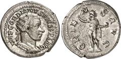 RÖMER RÖMISCHES KAISERREICH. GORDIANUS III. Augustus 238-244. Antoninian (242) 5,67g, Antiochia. Büste mit Panzer und Strahlenkrone n.r. IMP GORDIANVS PIVS FEL AVG / ORIE-NS AVG Sol steht nackt, mit S