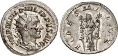RÖMER RÖMISCHES KAISERREICH. PHILIPPUS I. Arabs 244-249. Antoninian (244) 4,23g. Paludamentbüste m. Strkr. n.r. IMP M IVL PHILIPPVS AVG / FIDE-S M-ILIT Fides der Soldaten steht mit 2 Signa n.l. RIC 32
