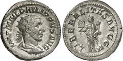 RÖMER RÖMISCHES KAISERREICH. PHILIPPUS I. Arabs 244-249. Antoninian (245) 4,22g. Paludamentbüste m. Strkr. n.r. IMP M IVL PHILIPPVS AVG / LIBERALITAS AVGG II Liberalitas steht n.l. RIC 38b, C. 87. . b