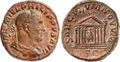 RÖMER RÖMISCHES KAISERREICH. PHILIPPUS I. Arabs 244-249. AE-Sesterz (248/249) 18,23g. Paludamentbüste m. Lkr. n.r. IMP M IVL PHILIPPVS AVG / SAECVLVM - NOVVM - S C Romastatue in Tempel mit 6-säuliger 