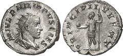 RÖMER RÖMISCHES KAISERREICH. Philippus II., Caesar 244-247. Antoninian (245/247) 4,24g. Palliumbüste m. Strkr. n.r. M IVL PHILIPPVS CAES / PRINCIPI I-VVENT Philippus steht n.l. RIC 218d, C. 48. . St