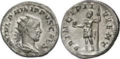 RÖMER RÖMISCHES KAISERREICH. Philippus II., Caesar 244-247. Antoninian (245/247) 3,52g. Palliumbüste m. Strkr. n.r. M IVL PHILIPPVS CAES / PRINCIPI I-VVENT Philippus steht n.l. RIC 218d, C. 48. . fast