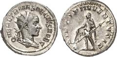 RÖMER RÖMISCHES KAISERREICH. Herennius Etruscus Caesar 250-251. Antoninian 4,42g. Palliumbüste m. Strkr. n.r. Q HER ETR MES DECIVS NOB C / PRINCIPI IVVENTVTIS Caesar steht m. Lanze u. Vitis n.l. RIC 1