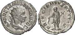 RÖMER RÖMISCHES KAISERREICH. Herennius Etruscus Caesar 250-251. Antoninian 3,65g. Palliumbüste m. Strkr. n.r. Q HER ETR MES DECIVS NOB C / PRINCIPI IVVENTVTIS Caesar steht m. Lanze u. Vitis n.l. RIC 1
