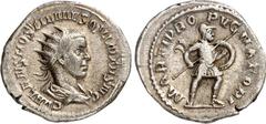 RÖMER RÖMISCHES KAISERREICH. Hostilianus Caesar 250-251. Antoninian 3,75g. Büste mit Paludamentum und Strahlenkrone n.r. C VALENS HOSTIL MES QVINTVS N C / MARTI PROPVGNATORI Mars Propugnator schreitet