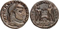 RÖMER RÖMISCHES KAISERREICH. MAXENTIUS Augustus 307-312. AE-Follis 23,5/23mm (309) 7,11g, Ostia, 1. Off. Kopf m. Lkr. n.r. IMP C MAXENTIVS P F AVG / AETE-RNITAS AVG N Dioskuren stehen m. Pferden v.v.;