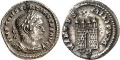 RÖMER RÖMISCHES KAISERREICH. CONSTANTINUS I. der Große, Augustus 306(310)-337. Halbargenteus (307-308) 1,37g, Trier. Belorbeerte Panzerbüste n.r. IMP CONSTANTINVS PF AVG / VIRTVS MILITVM Lagertor mit 