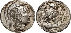GRIECHEN ATTIKA. ATHEN. Tetradrachmon 162/161 v.Chr. 16,79g, Theophratos bis Sotas. Athenakopf m. Pegasos-Helm n.r. / Im Ölkranz: AQE - QEO - FRA - SWTA - NIKO Eule steht auf Amphora mit L; l. Fulmen;