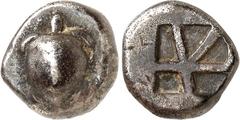 GRIECHEN AIGINA. Triobolon (1/4 Stater) (550/480 v.Chr.) 2,92g. Seeschildkröte / 5-geteiltes Quadratum incusum. BMC 107-112, T.24.4, SNG Cop. - , ANS Rosen Coll.221. . dunkle Patina ss-