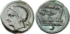 RÖMER RÖMISCHE REPUBLIK : geprägte Bronzemünzen. Anonym (semilibral) 217-215 v. Chr. AE-Uncia 12,89g, Rom. Kopf der Roma mit Helm n.l.; dahinter Wertkugel / Prora n.r.; darüber ROMA; darunter Wertkuge