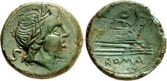 RÖMER RÖMISCHE REPUBLIK : geprägte Bronzemünzen. Anonym (post-semilibral) 215-195 v. Chr. AE-Semis (211/207 v.Chr.) 15,29g. Saturnkopf m. Lkr. n.r.; l. Wert S / Prora n.r.; oben Wert S; unten ROMA. Cr