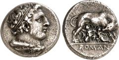 RÖMER RÖMISCHE REPUBLIK : Silbermünzen. Romano-Campanisch 326-227 v. Chr. Quadrigatus (Bidrachmum) (269/266 v.Chr.) 6,70g, Rom. Herculeskopf mit Keule u. Diadem n.r. / Lupa steht n.r. u. säugt Zwillin