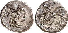 RÖMER RÖMISCHE REPUBLIK : Silbermünzen. Gaius Titinius 141 v. Chr. Denar 3,96g. Kopf der Roma mit Flügelhelm n.r.; dahinter XVI / Victoria rast Peitsche schwingend in Quadriga n.r.; darunter C TITINI;