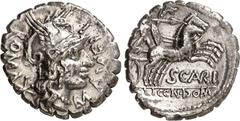 RÖMER RÖMISCHE REPUBLIK : Silbermünzen. L. Licinius Crassus, Gn. Domitius Ahenobarbus u.a. 118 v. Chr. Denar (serratus) 3,86g, Narbo. Romakopf m. Phrygerhelm n.r. M AVRELI - ROMA (VR ligiert) / Nackte