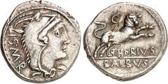 RÖMER RÖMISCHE REPUBLIK : Silbermünzen. Lucius Thorius Balbus 105 v. Chr. Denar (Charge 3) 3,91g. Kopf der Iuno Sospita im Ziegenfell n.r.; dahinter I S M R / Bulle springt n.r.; oben C; unten L THORI