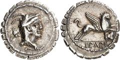 RÖMER RÖMISCHE REPUBLIK : Silbermünzen. Lucius Papius 79 v. Chr. Denar (serratus) 4,15g. Iuno Sospitakopf n.r.; dahinter Helm mit Raupe n.r. / L PAPI Greif springt n.r., davor gekreuzte Schilde (Ancil