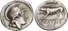 RÖMER RÖMISCHE REPUBLIK : Silbermünzen. Publius Satrienus 77 v. Chr. Denar (Vs.-Stempel 86) 3,37g. Kopf des jungen Mars mit Helm n.r.; dahinter LXXXVI / ROMA über Wölfin n.l.; im Abschnitt P . SATRIE-