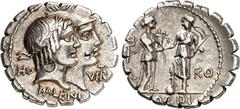 RÖMER RÖMISCHE REPUBLIK : Silbermünzen. Quintus Fufius Calenus & Mucius Cordius 70 v. Chr. Denar (serratus) 3,83g. Köpfe von Honos, mit Lorbeerkranz, und Virtus, mit Helm, gestaffelt n.r.; l. HO; r. V