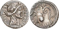 RÖMER IMPERATORISCHE PRÄGUNGEN. GAIUS IULIUS CAESAR 100-44 v. Chr. Denar (46 v.Chr.) 3,99g. Kopf der Ceres mit Ährenkranz n. r. COS TERT DICT ITER / AVGVR PONT MAX Priestergeräte, r. M. Cr. 467/1b, Sy