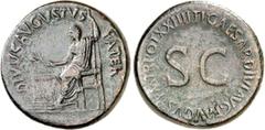 RÖMER RÖMISCHES KAISERREICH. Divus Augustus z.Z. Tiberius 14-37. AE-Sesterz (22/23) 25,22g, Rom. Augustus thront auf Sella mit Zweig n.l. DIVVS AVGVSTVS PATER / TI CAESAR DIVI AVG F AVGVST P M TR POT 