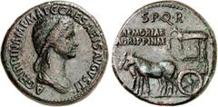 RÖMER RÖMISCHES KAISERREICH. Agrippina senior +33, z.Z. Caligula. AE-Sesterz (37/41) 27,46g. Büste in Palla n.r. AGRIPPINA M F MAT C CAESARIS AVGVSTI / Carpentum mit Maultiergespann n.l.; oben S P Q R