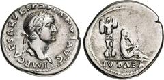 RÖMER RÖMISCHES KAISERREICH. VESPASIANUS 69-79. Denar (12.69/01.70) 3,24g. Kopf m. Lkr. n.r. IMP CAESAR VESPASIANVS AVG / IVDAEA Iudaea sitzt trauernd an Tropaeum n.r. RIC 15, neu 2, BMC 35, C. 226. .