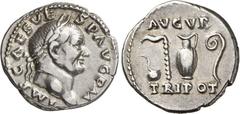 RÖMER RÖMISCHES KAISERREICH. VESPASIANUS 69-79. Denar (07./12.71) 3,46g. Kopf m. Lkr. n.r. IMP CAES VES-P AVG P M / AVGVR - TRI POT Sakralgerät. RIC 30, BMC 50, C. 43, RIC neu 43. . feine Büste, vz-