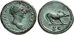 RÖMER RÖMISCHES KAISERREICH. TRAIANUS 98-117. AE-Quadrans (103/106) 2,52g. Büste mit Lorbeerkranz n.r. IMP CAES NERVA TRAIAN AVG / Wölfin von Lanuvium steht in Abwehrhaltung n.r.; im Abschnitt S C. RI
