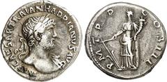 RÖMER RÖMISCHES KAISERREICH. HADRIANUS 117-138. Denar (119/122) 3,15g. Büste mit Pallium über l. Schulter und mit Lorbeerkranz n.r. IMP CAESAR TRAIAN H-ADRIANVS AVG / P M TR P - COS III Fortuna steht 