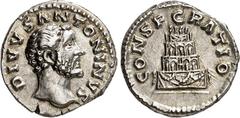 RÖMER RÖMISCHES KAISERREICH. Divus Pius z.Z. Marcus Aurelius 161. Denar 3,46g. Kopf n. r. DIVVS ANTONINVS / CONSECRATIO Vierstufiger Scheiterhaufen, darauf steht eine Quadriga. RIC 436, BMC 57, C. 164