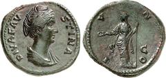 RÖMER RÖMISCHES KAISERREICH. Diva Faustina senior z.Z. Antoninus Pius 141/161. AE-As 11,50g. Pallabüste n.r. DIVA FAV-STINA / I-V-N-O - S C Iuno steht n.l. RIC 1190, BMC 1597-1598, C. 211. ex MZ 145, 