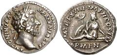 RÖMER RÖMISCHES KAISERREICH. MARCUS AURELIUS, Augustus 161-180. Denar (164) 3,41g. Kopf m. Lkr. n.r. ANTONINVS AVG - ARMENIACVS / P M TR P XVIII IMP II COS III - ARMEN Armenia sitzt trauernd n.l.; l. 