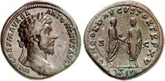 RÖMER RÖMISCHES KAISERREICH. MARCUS AURELIUS, Augustus 161-180. AE-Sesterz (161) 26,49g. Gepanz. Büste n.r. IMP CAES M AVREL ANTONINVS AVG P M / CONCORD AVGVSTOR TR P XV - COS III - S - C Marc Aurel u
