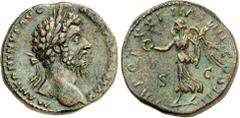 RÖMER RÖMISCHES KAISERREICH. MARCUS AURELIUS, Augustus 161-180. AE-Sesterz (167) 22,05g. Kopf m. Lkr. n.r. M ANTONINVS AVG - [ARM PARTH] MAX / TR POT XXI . IMP IIII COS III - S - C Victoria schreitet 