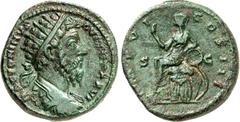 RÖMER RÖMISCHES KAISERREICH. MARCUS AURELIUS, Augustus 161-180. AE-Dupondius (172) 12,66g. Gepanzerte Büste m. Strahlenkrone n.r. M ANTONINVS - AVG TR P XXVI / [IMP] VI - COS III - S - C Roma thront n