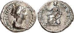 RÖMER RÖMISCHES KAISERREICH. Faustina iunior z.Z. Antoninus Pius 145-161. Denar (147/149) 3,27g. Pallabüste n.r. FAVSTINA A-VG - PII AVG FIL / CONCOR-DIA Concordia thront n.l. u. hält Blume; am Thron 