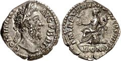 RÖMER RÖMISCHES KAISERREICH. COMMODUS, Augustus 177-192. Denar (186) 2,91g. Belorb. Kopf n. r. COMM ANT AVG P BRIT / PM TRP VIIII . IMP VII COS IIII PP Roma sitzt n.l., hält Viktoria und Füllhorn, im 