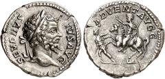RÖMER RÖMISCHES KAISERREICH. SEPTIMIUS SEVERUS 193-211. Denar (202) 3,43g. Kopf mit Lorbeerkranz n.r. SEVERVS - PIVS AVG / ADVENT AVGG Severus reitet im Adventus-Gestus n.l. und wird von Virtus geführ