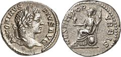 RÖMER RÖMISCHES KAISERREICH. CARACALLA, Augustus 198-217. Denar (207) 3,31g. Kopf m. Lkr. n.r. ANTONINVS - PIVS AVG / RESTITVTOR - VRBIS Roma victrix thront n.l. RIC 166, BMC 515-516, C. 549, Hill 972