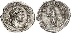 RÖMER RÖMISCHES KAISERREICH. CARACALLA, Augustus 198-217. Denar (214) 3,18g. Kopf m. Lkr. n.r. ANTONINVS PIVS AVG GERM / P M TR P XVII COS IIII P P Pater senatus steht n.l., hält Zweig. RIC 246, BMC 9