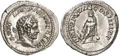 RÖMER RÖMISCHES KAISERREICH. CARACALLA, Augustus 198-217. Denar (214) 2,96g. Belorbeerter Kopf n. r. ANTONINVS PIVS AVG GERM / PMT RPX VIII COS IIII P Aeskulap mit Schlangenstab, links Teleshoros. RIC