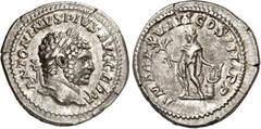 RÖMER RÖMISCHES KAISERREICH. CARACALLA, Augustus 198-217. Denar (215) 3,41g. Kopf m. Lkr. n.r. ANTONINVS PIVS AVG GERM / P M TR P XVIII COS IIII P P Apollo steht n.l. RIC 254, BMC 107-109, C. 282, Hil
