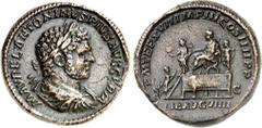 RÖMER RÖMISCHES KAISERREICH. CARACALLA, Augustus 198-217. AE-Sesterz (214) 24,14g. Paludamentbüste m. Lkr. n.r. M AVREL ANTONINVS PIVS AVG GERM / PMTRP XVII IMP III COS IIII PP Caracalla sitzt n.l. au