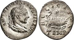 RÖMER RÖMISCHES KAISERREICH. ELAGABALUS 218-222. Denar (218/219) 1,63g, mobile Mzst. (Antiochia). Büste mit Panzer, Paludamentum und Lorbeerkranz n.r. ANTONINVS PIVS FEL AVG / FELICITAS - TEMP Galeere