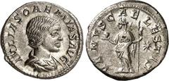 RÖMER RÖMISCHES KAISERREICH. Iulia Soaemias, Mutter d. Elagabalus 218-222. Denar 3,35g. Büste in Palla n.r. IVLIA SOAEMIAS AVG / VENVS CAELESTIS Venus steht mit Sceptrum und Apfel v.v., Kopf n.l.; r. 