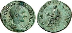 RÖMER RÖMISCHES KAISERREICH. GORDIANUS III. Augustus 238-244. AE-Sesterz (240) 18,62g. Belorb. drapierte Büste n. r. IMP GORDIANVS PIVS FEL AVG / PM TR P III COS PP SC Gordian mit Globus und Zepter si