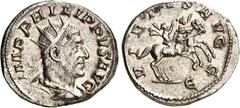 RÖMER RÖMISCHES KAISERREICH. PHILIPPUS I. Arabs 244-249. Antoninian (248) 3,69g. Drap. Panzerbüste mit Strahlenkrone n.r. IMP PHILIPPVS AVG / VIRTVS AVGG Philippus I. und II. reiten paradierend n.r. u