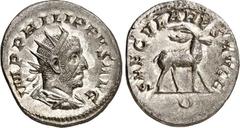RÖMER RÖMISCHES KAISERREICH. PHILIPPUS I. Arabs 244-249. Antoninian (248) 4,48g. Drapierte Büste mit Strahlenkrone n. r. IMP PHILIPPVS AVG / SAECVLARES AVGG Hirsch (oder Elch) schreitet n. r., im Absc